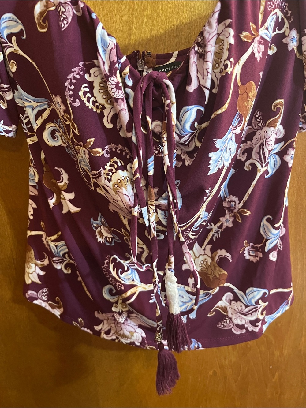 White House Black Market Burgundy Floral Tie-Front Puff Sleeve Blouse Bundle - Picture 3 of 4